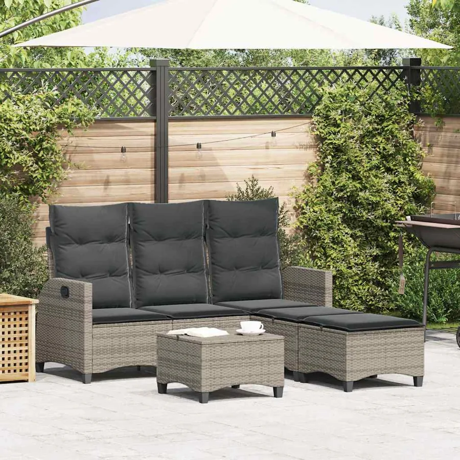 Salon de jardin 3 pcs avec coussins forme L gris résine tressée