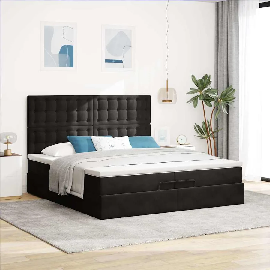 Cadre de lit ottoman avec matelas noir 200x200cm velours - 4