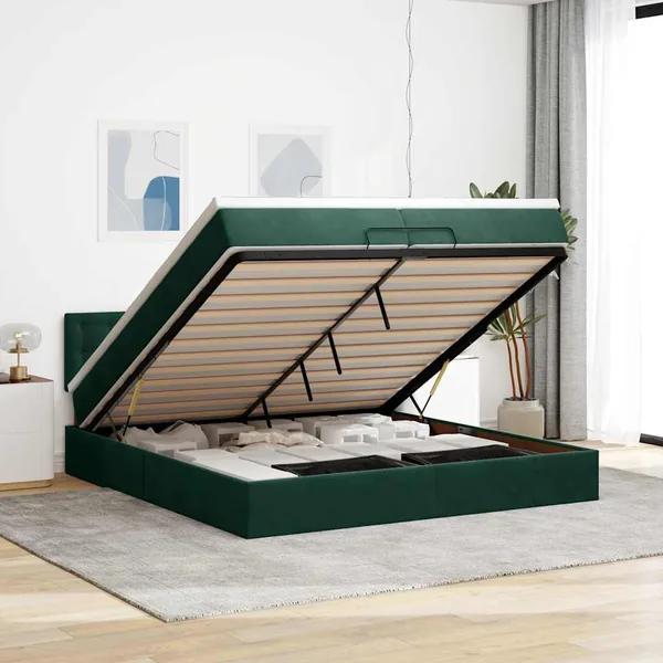 Cadre de lit ottoman avec matelas vert foncé 200x200 cm velours