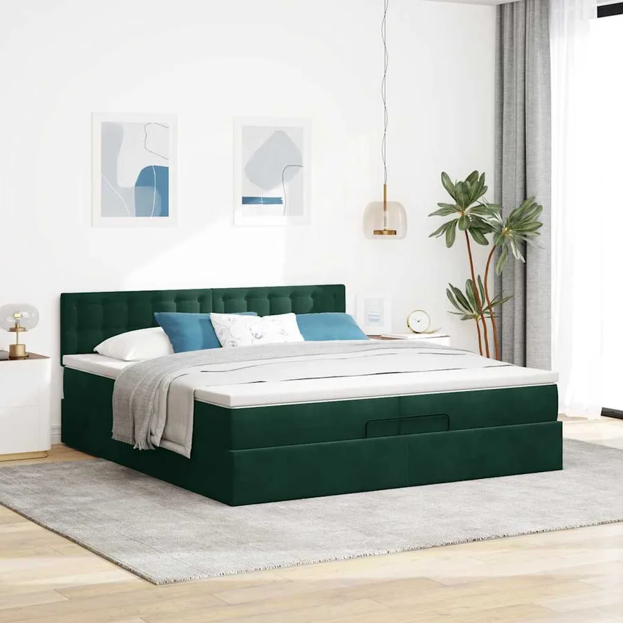 Cadre de lit ottoman avec matelas vert foncé 200x200 cm velours - 4