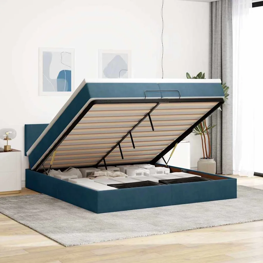 Cadre de lit ottoman avec matelas bleu foncé 200x200 cm velours