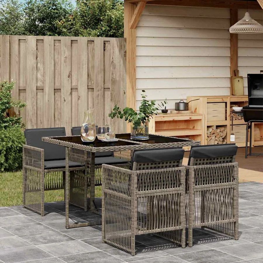Ensemble à manger de jardin 5 pcs coussins gris résine tressée