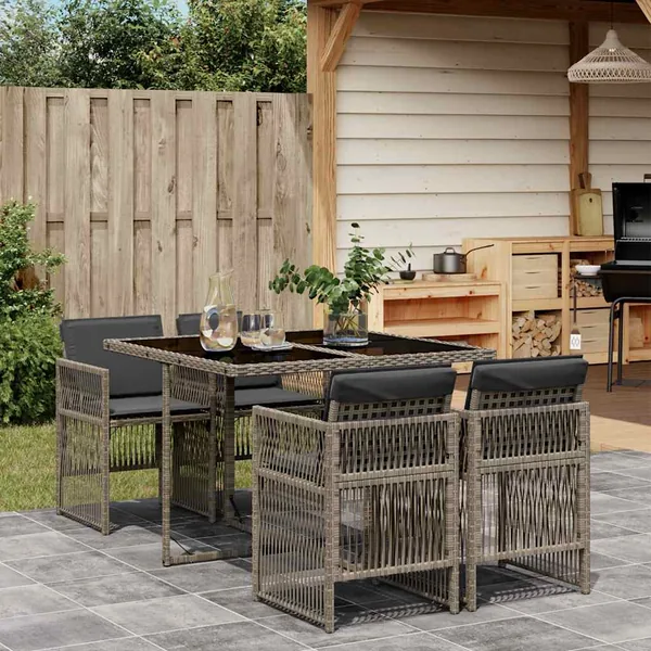 Ensemble à manger de jardin 5 pcs coussins gris résine tressée