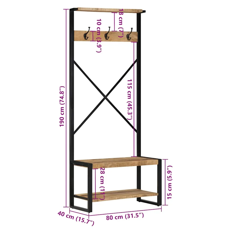 Porte-vêtements 80x40x190 cm bois de manguier massif brut - 11