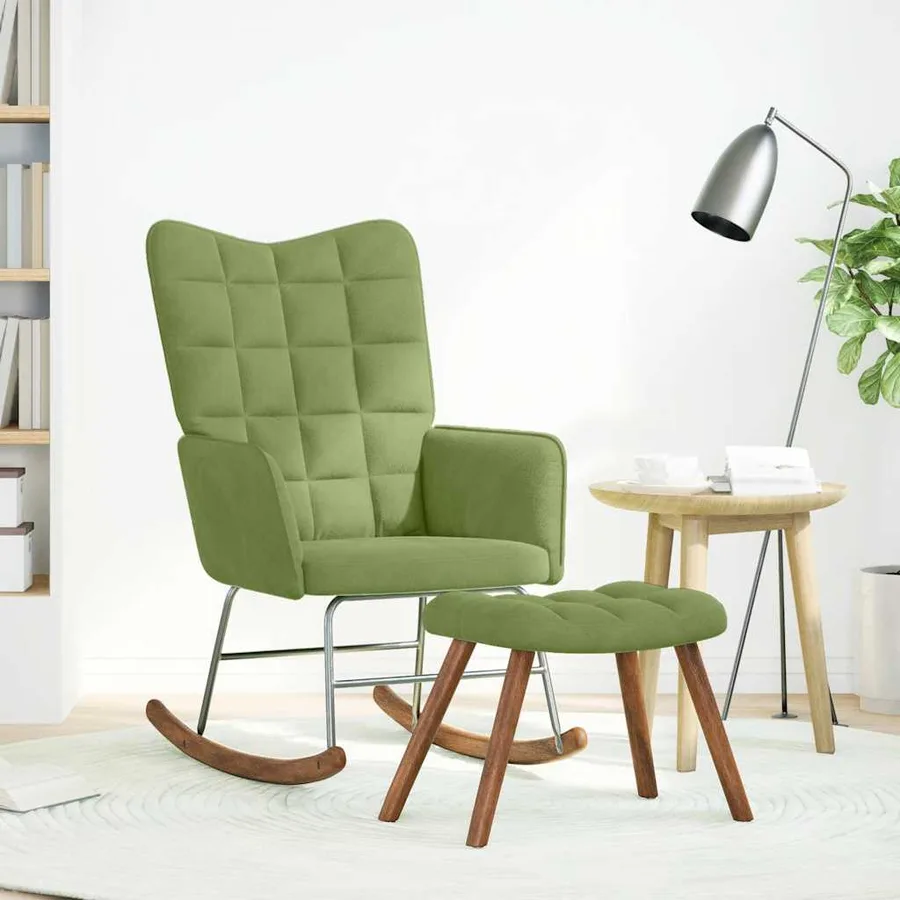 Chaise à bascule avec repose-pied vert clair velours - 2