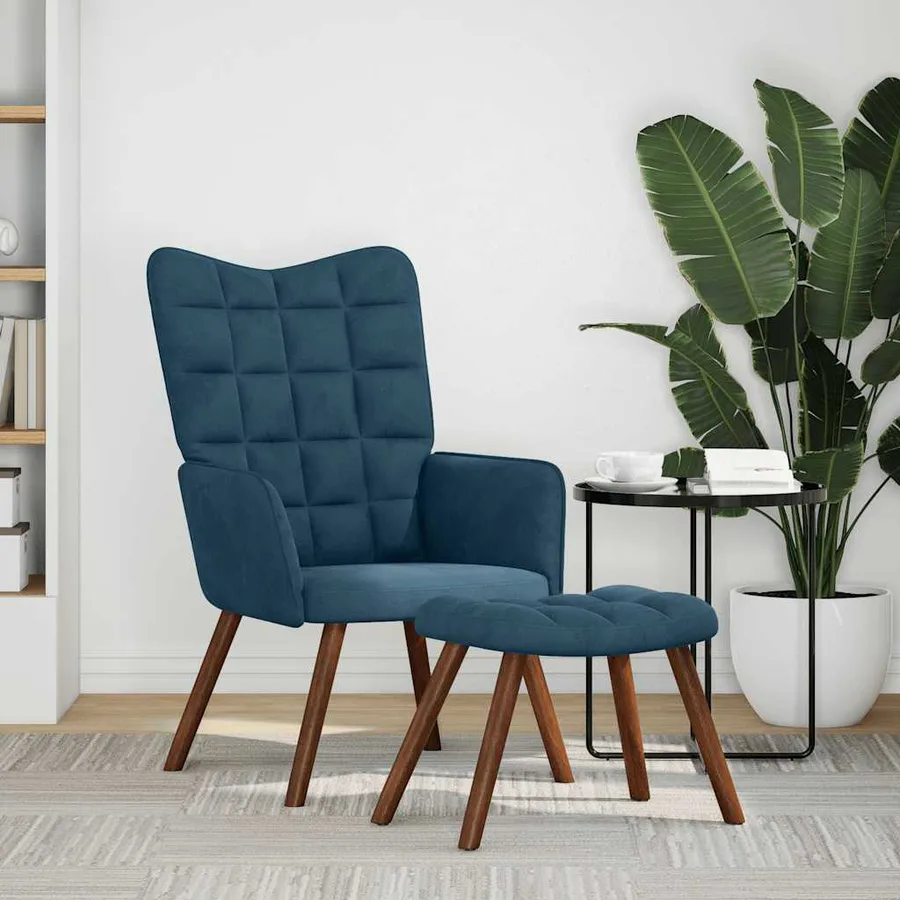 Chaise de relaxation avec tabouret Bleu Velours - 2