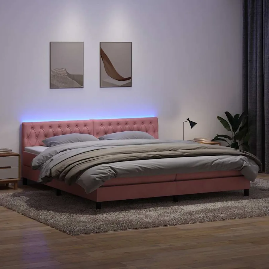 Sommier à lattes de lit avec matelas et LED rose 180x220 cm velours