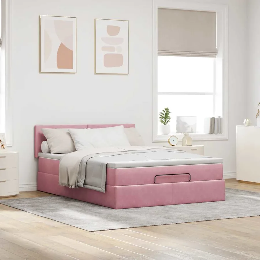 Cadre de lit ottoman avec matelas rose 140x200 cm velours - 3