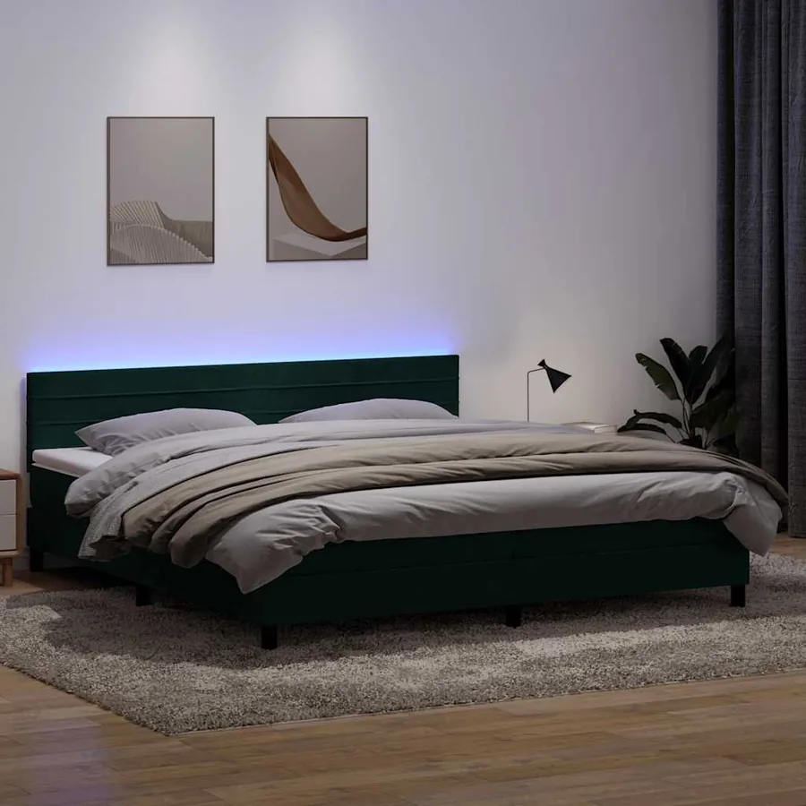 Sommier à lattes de lit et matelas et LED vert foncé 180x220cm velours