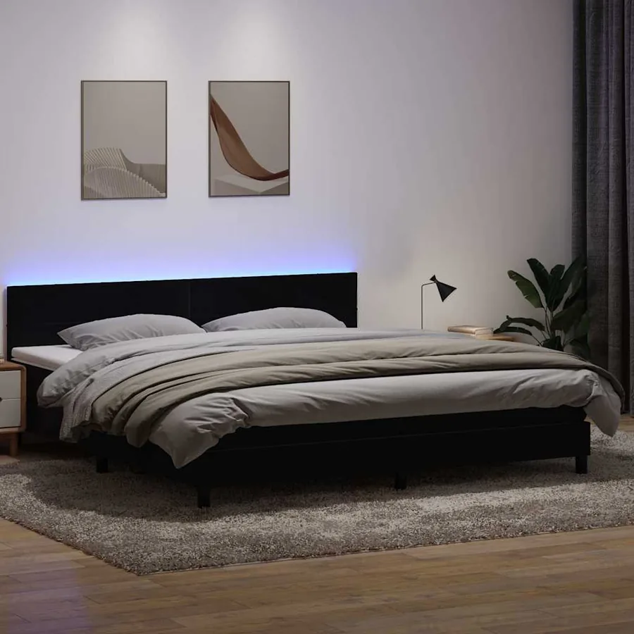 Sommier à lattes de lit avec matelas et LED noir 180x220 cm velours