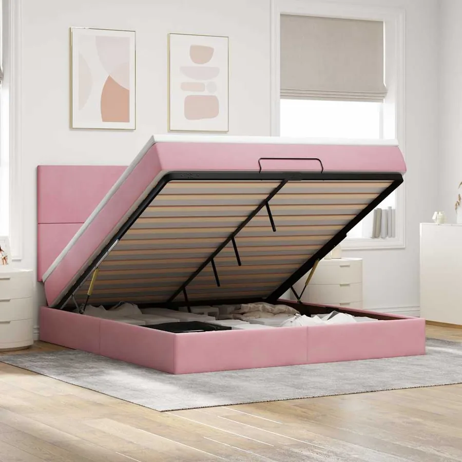 Cadre de lit ottoman avec matelas rose 160x200 cm velours