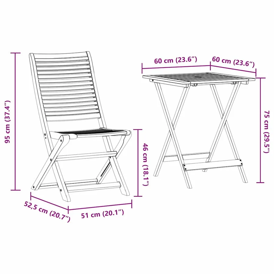 Ensemble bistro pliant 3 pcs Marron Bois d'Acacia Massif - 13