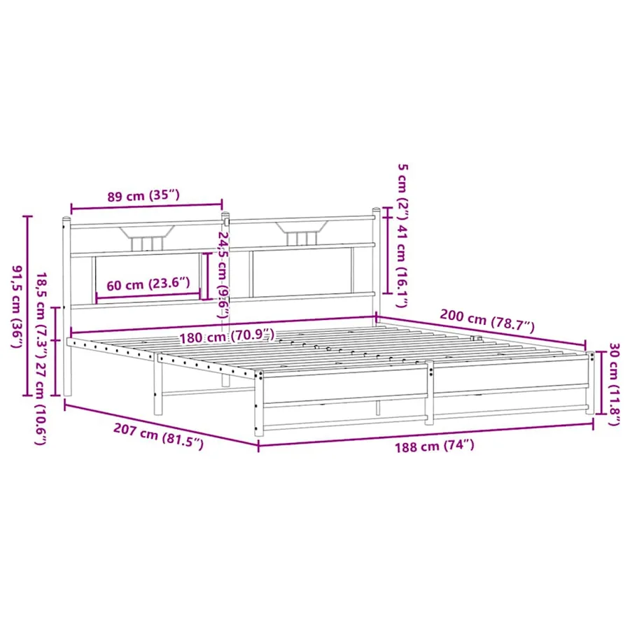 Cadre de lit en métal sans matelas chêne fumé 180x200 cm - 11