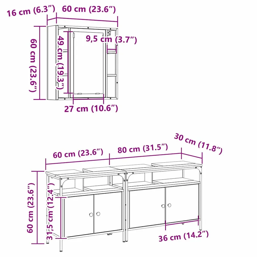 Meubles de salle de bain 3 pc Marron 80 x 30 x 60 cm - 16