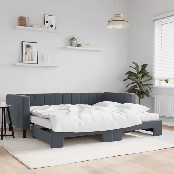 Lit de jour avec gigogne et matelas gris foncé 90x190cm velours