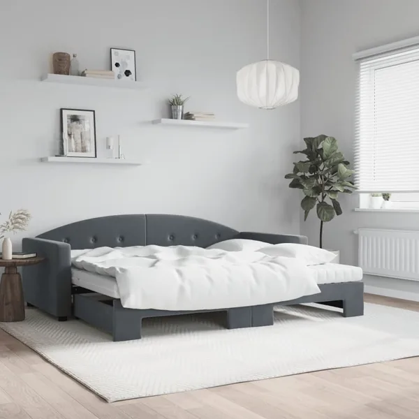 Lit de jour avec gigogne et matelas gris foncé 90x190cm velours