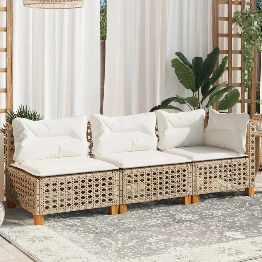 Canapé de jardin avec coussins 3 places beige résine tressée - 3