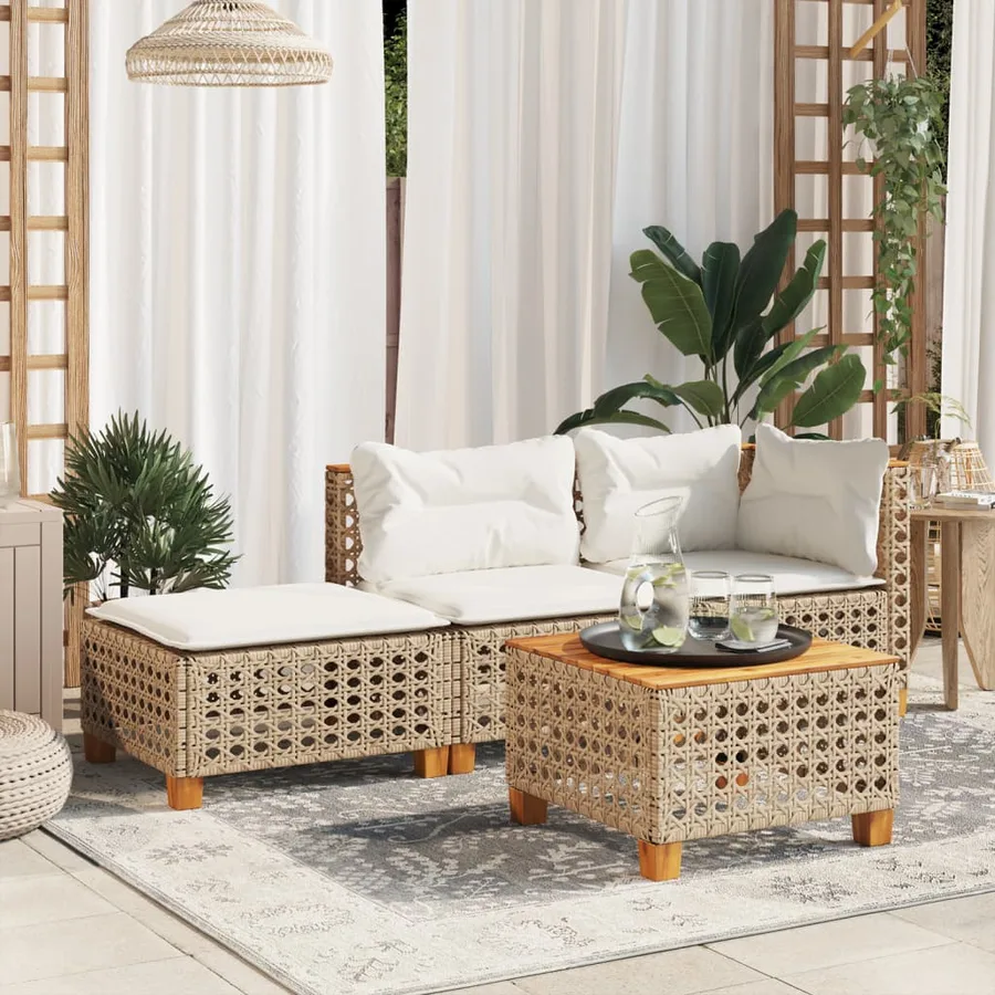 Tabouret de jardin et coussin beige 63,5x56x32cm résine tressée - 3