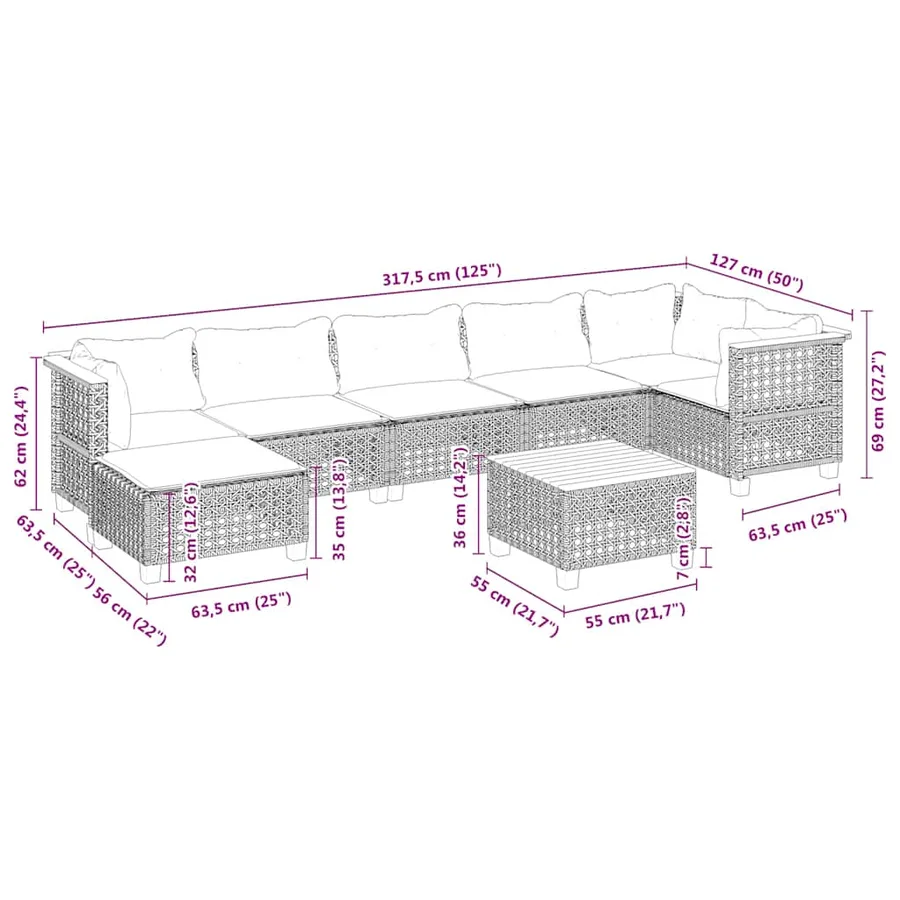 Salon de jardin avec coussins 8 pcs beige résine tressée - 10