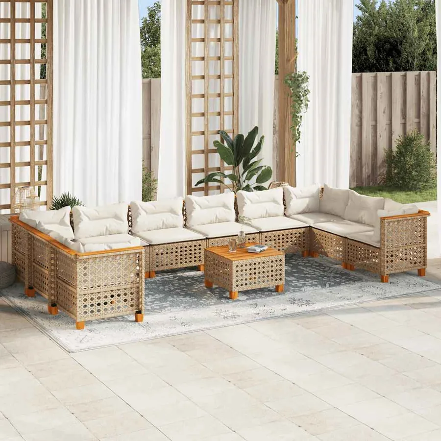 Salon de jardin 11 pcs avec coussins beige résine tressée