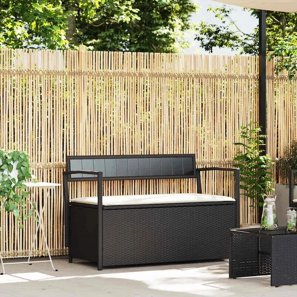 Banc de rangement de jardin avec coussin noir résine tressée