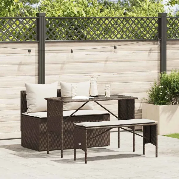 Ensemble à manger de jardin 3 pcs et coussins marron poly rotin