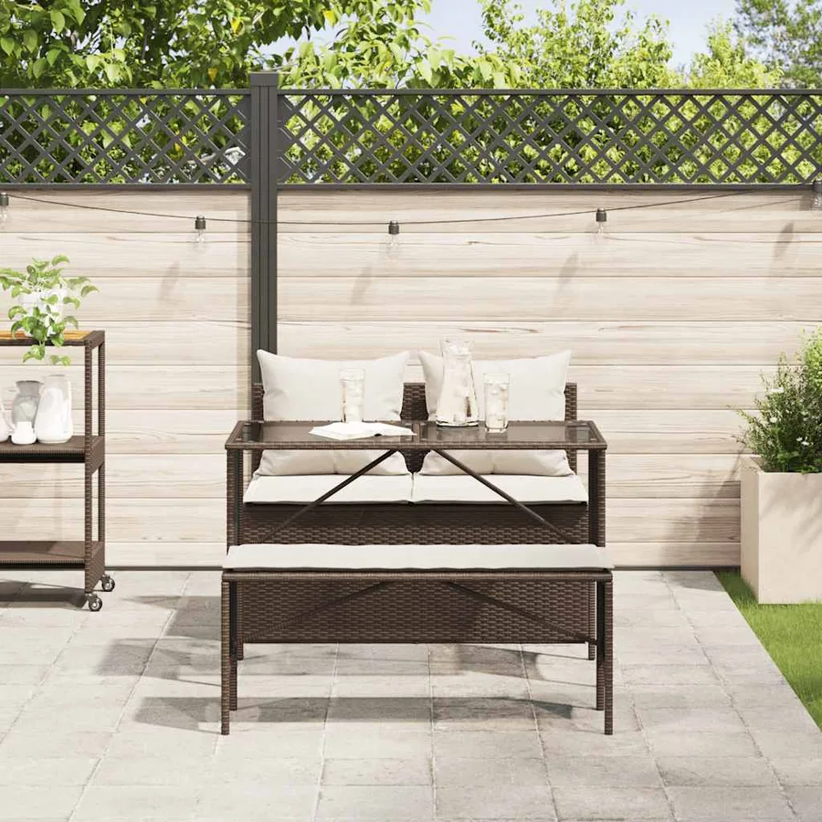 Ensemble à manger de jardin 3 pcs et coussins marron poly rotin - 3
