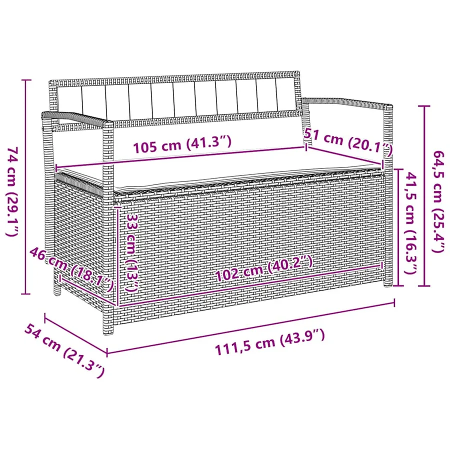 Banc de rangement de jardin avec coussin gris clair résine tressée - 10