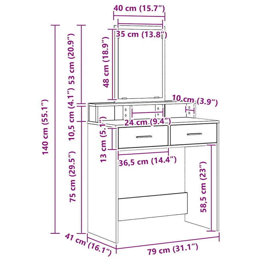 Table de Toilette Chêne artisanal 79 x 41 x 140 cm - 13