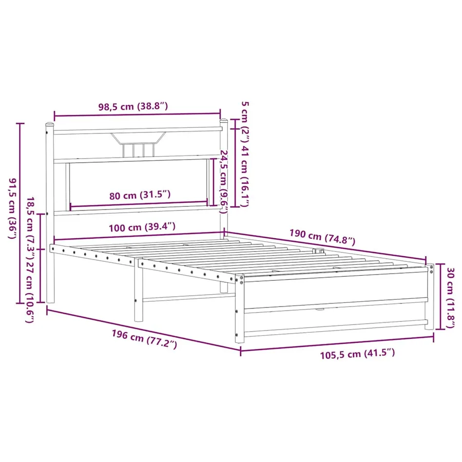 Cadre de lit sans matelas chêne marron 100x190 cm - 11