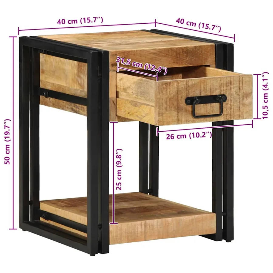 Table de chevet 40x40x50 cm en bois massif brut de manguier - 11