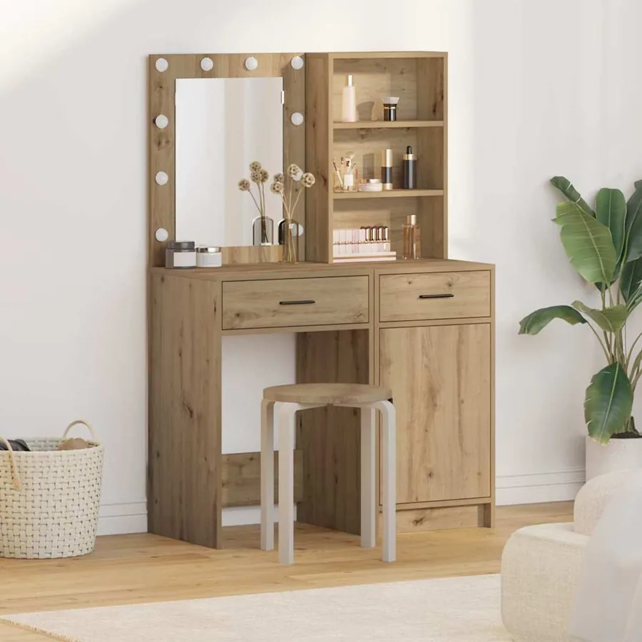 Ensemble de table de maquillage avec LED 2 pc Chêne artisanal