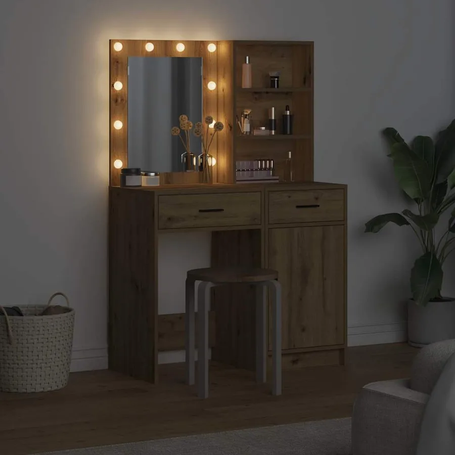 Ensemble de table de maquillage avec LED 2 pc Chêne artisanal - 4