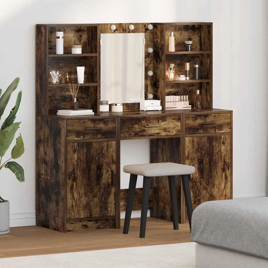 Ensemble de table de maquillage avec LED 3 pcs Chêne fumé