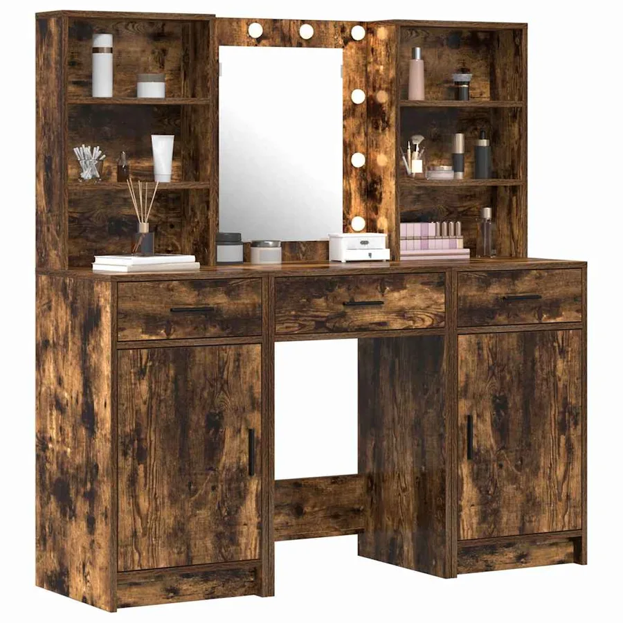 Ensemble de table de maquillage avec LED 3 pcs Chêne fumé - 3