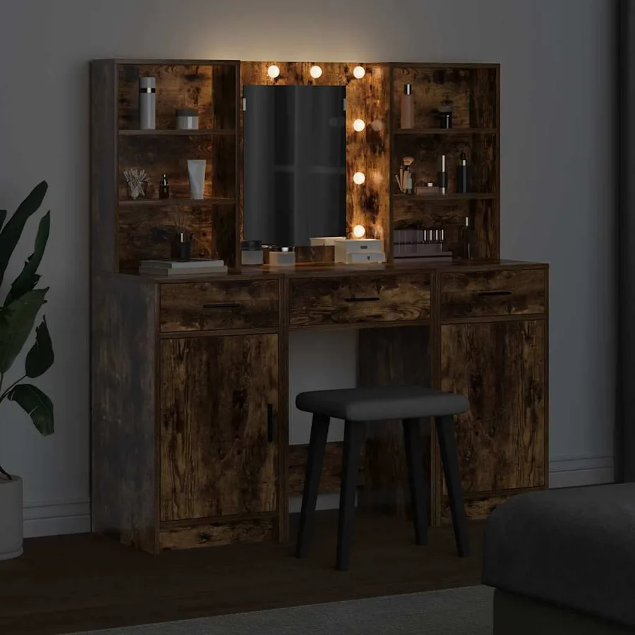 Ensemble de table de maquillage avec LED 3 pcs Chêne fumé - 4