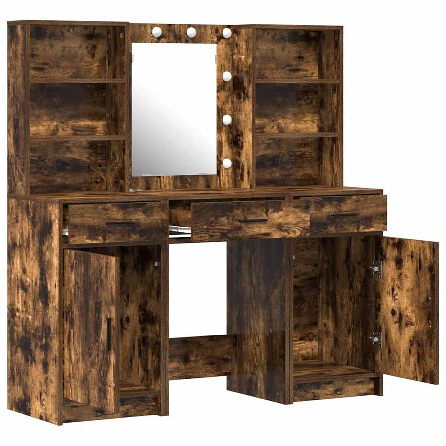 Ensemble de table de maquillage avec LED 3 pcs Chêne fumé - 7