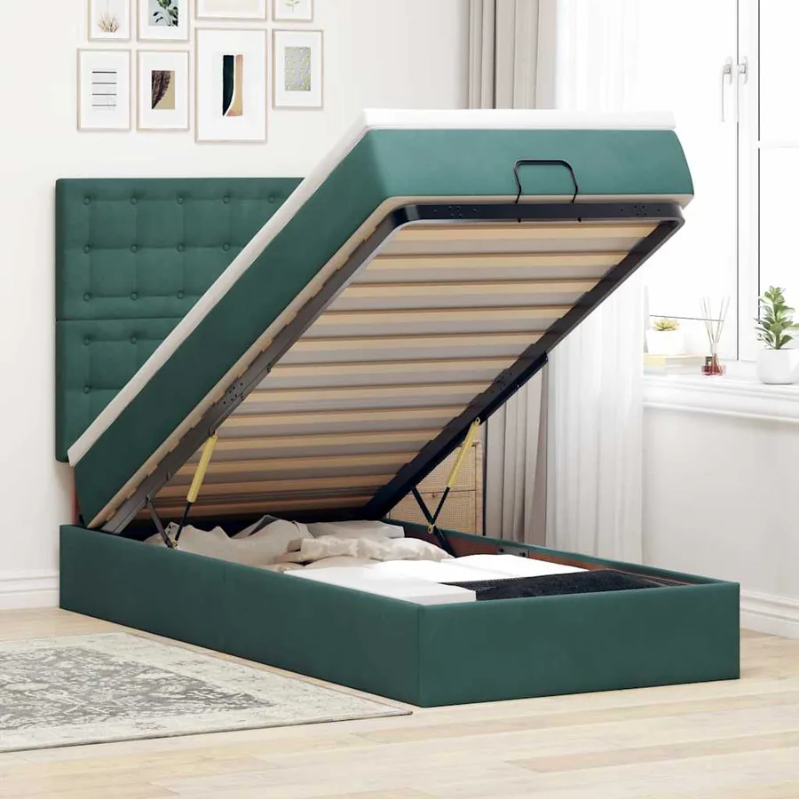 Cadre de lit ottoman avec matelas vert foncé 80x200 cm velours