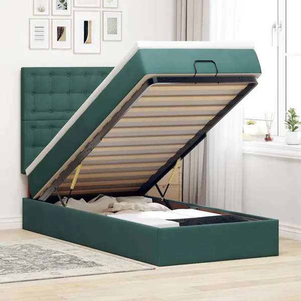 Cadre de lit ottoman avec matelas vert foncé 80x200 cm velours