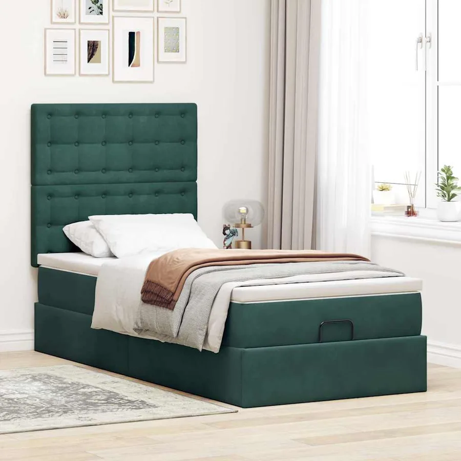 Cadre de lit ottoman avec matelas vert foncé 80x200 cm velours - 3