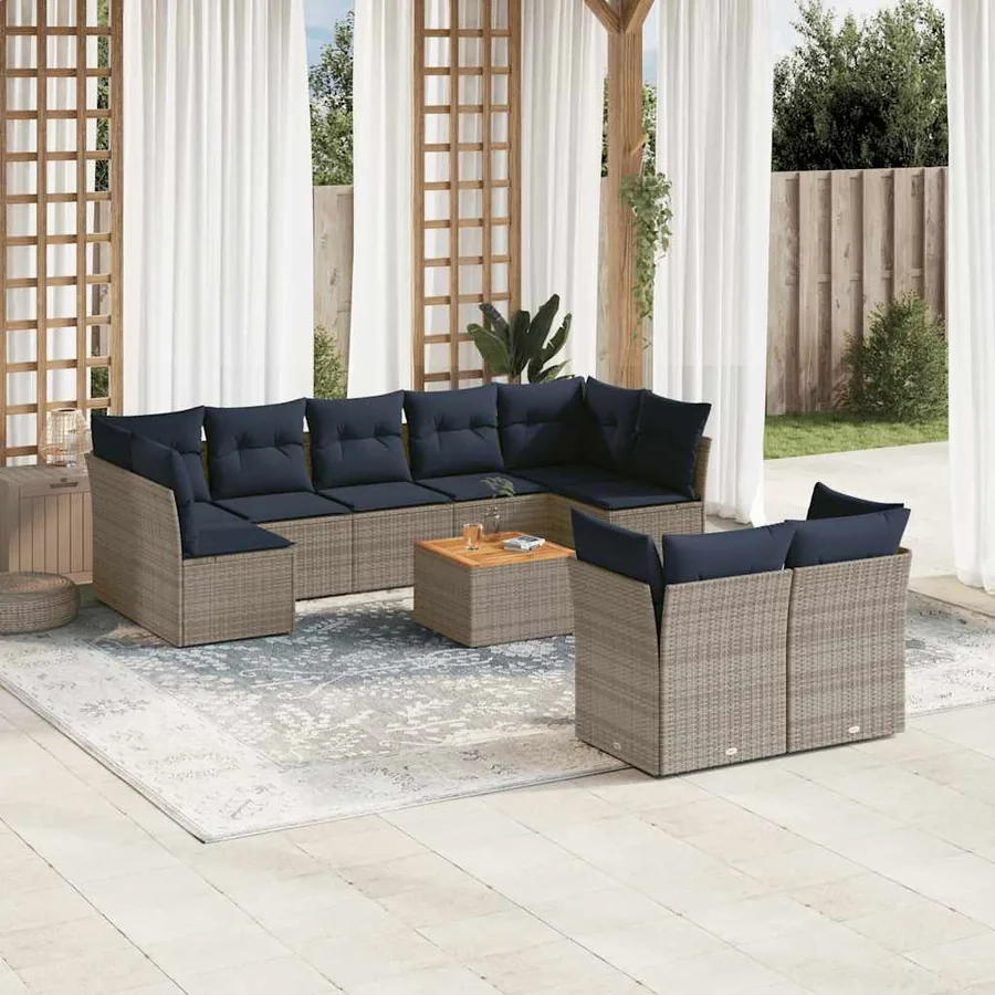Salon de jardin 10 pcs avec coussins gris résine tressée