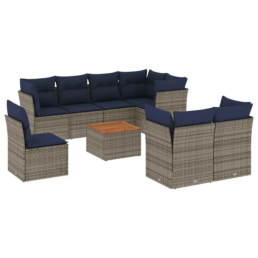 Salon de jardin 9 pcs avec coussins gris résine tressée - 2