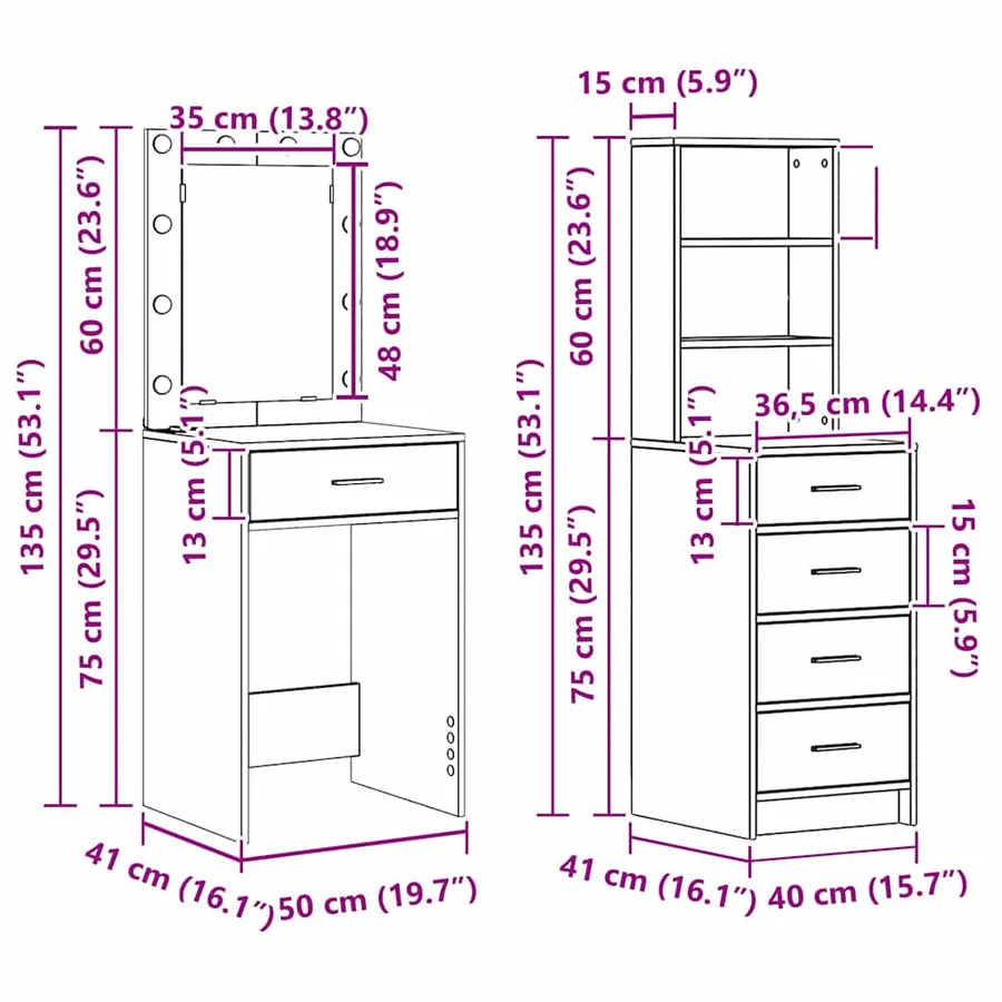 Table de Toilette avec tiroir 2 pcs Marron 50 x 41 x 135 cm - 14