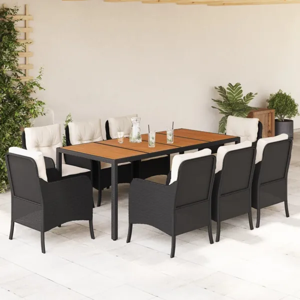Ensemble à manger de jardin 9pcs coussins noir résine tressée