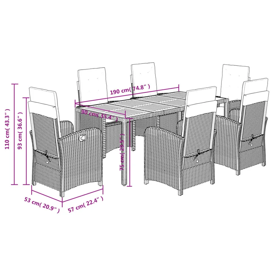 Ensemble à manger de jardin coussins 7pcs Noir Résine tressée - 9