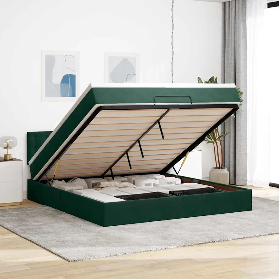 Cadre de lit ottoman avec matelas vert foncé 160x200 cm velours