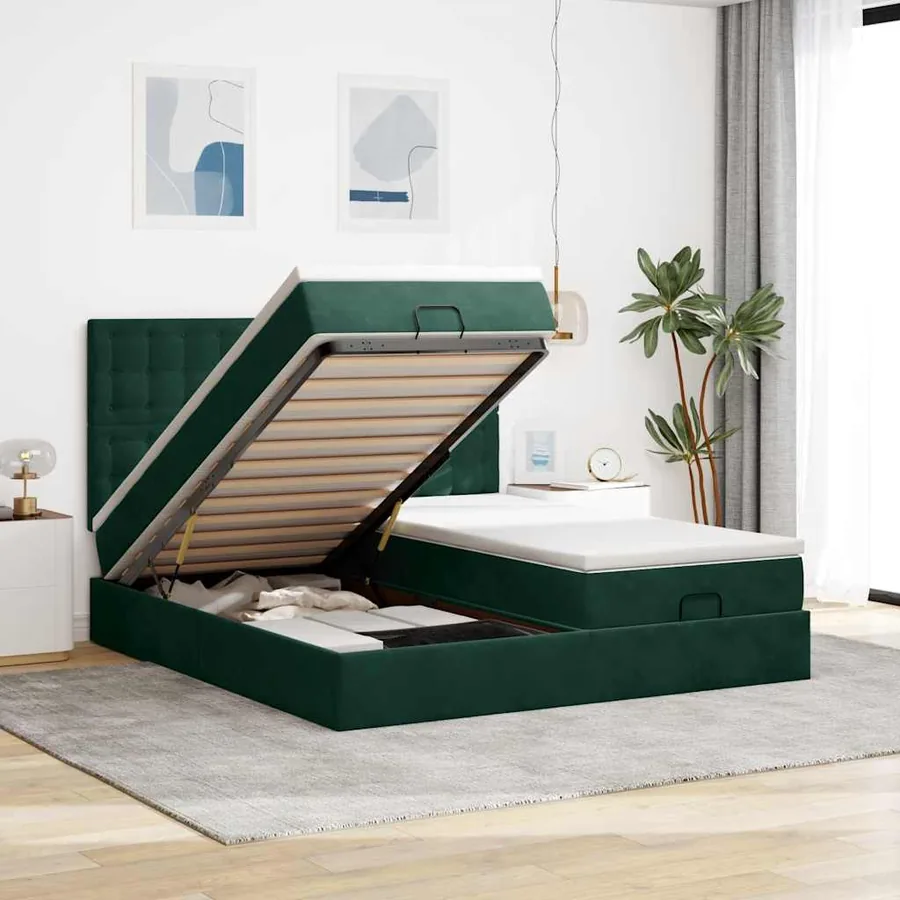 Cadre de lit ottoman avec matelas vert foncé 160x200 cm velours