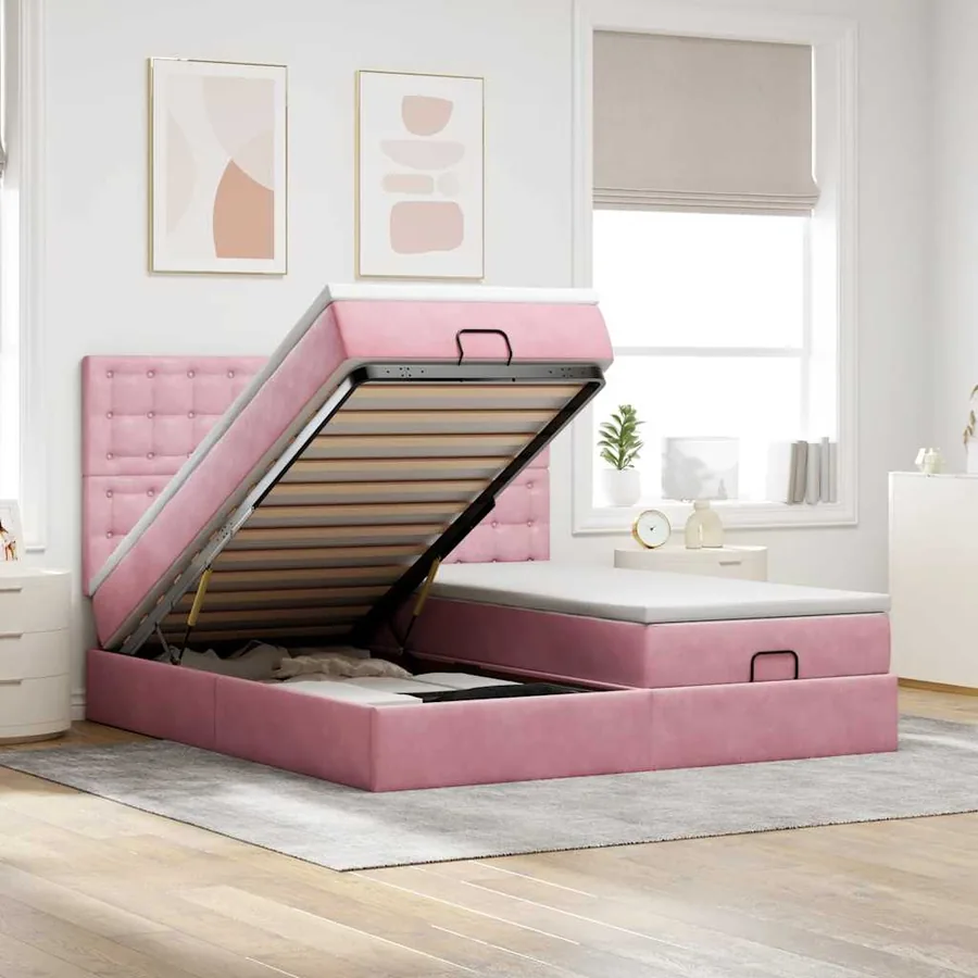 Cadre de lit ottoman avec matelas rose 160x200 cm velours