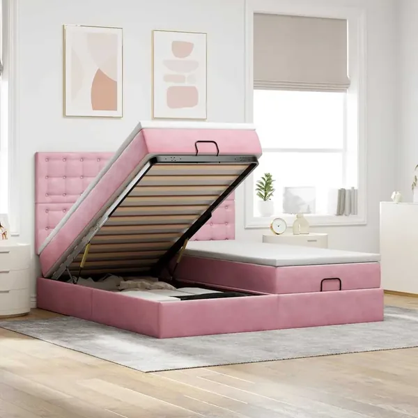 Cadre de lit ottoman avec matelas rose 160x200 cm velours