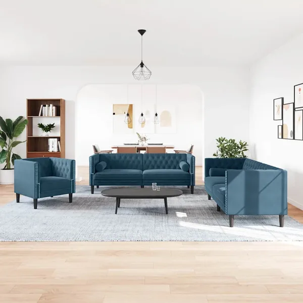 Ensemble de canapé Chesterfield et traversins 3pcs bleu velours